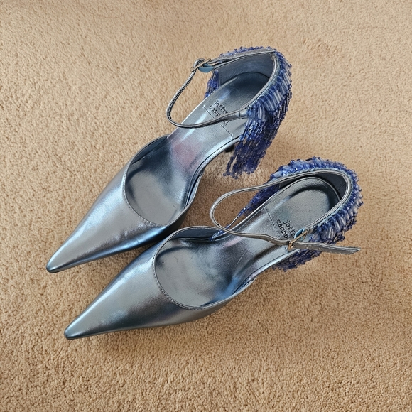 JEFFREY CAMPBELL Show Stop Light Blue Metallic Beaded Fringe Leather Pumps - Picture 7 of 16